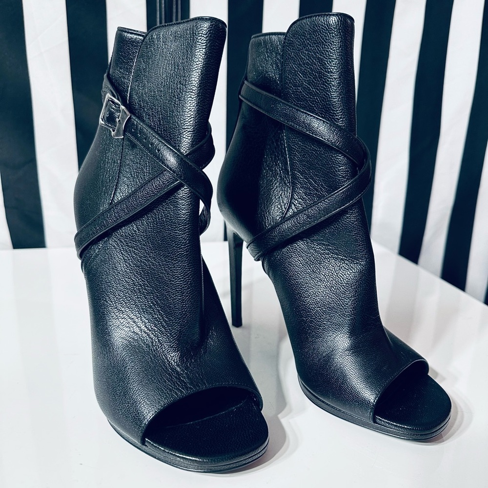 SAINT LAURENT Paris Black Leather Peep Toe Platform Heeled Ankle Booties - Picture 3 of 8